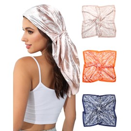 AWAYTR 35” Satin Head Scarf for Women 3Pcs Silk Scarf for Hair Scarf Satin Hair Bandana Women Headscarf Hair Wrap Scarf Neck (Apricot/Orange/Navy Blue)