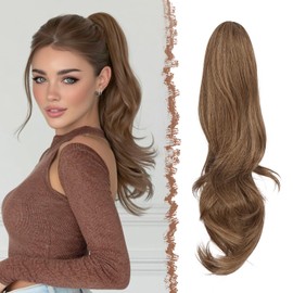 FESHFEN Ponytail Braid with Drawstring, Natural Wavy Layered Hairpiece, Synthetic Toffee Mixed Hair Extensions, Clip-In Ponytail, Hair Braid for Women, 50 cm