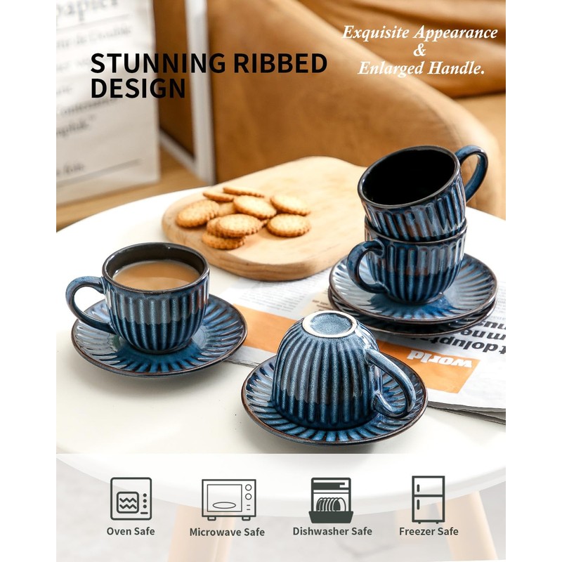 Hasense 4 Oz Espresso Cups with Saucers Set of 4,