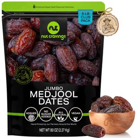 NUT CRAVINGS Dry Fruits - Sun Dried Jumbo Medjool Dates, No Sugar Added (80oz - 5 LB) Packed Fresh in Resealable Bag - Sweet Snack, Healthy Food, All Natural, Vegan, Kosher Certified