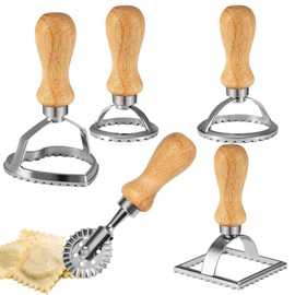 Ravioli Cookie Cutter, Ravioli Cutter Set, Dough Wheel, Ravioli Former Cutter, Stainless Steel, with Wooden Handle and Ribbed Edge, for Pasta, Dumplings, Lasagna, Pack of 5