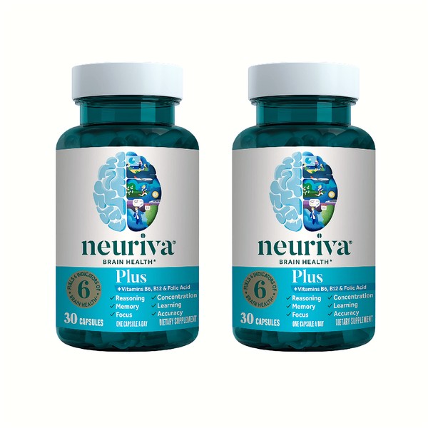 NEURIVA Nootropic Brain Support Supplement Plus Capsules (30ct Bottle) Phosphatidylserine, B6, B12, Folic Acid - Supports Focus, Memory, Learning, Accuracy, Concentration & Reasoning (Pack of 2)