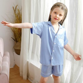 Miyanuby Girls Boys Pyjamas Set Button-up Silk Satin Pajamas Sleepwear Nightwear 2 Pieces Clothes Set Gifts for Baby Girls Boys