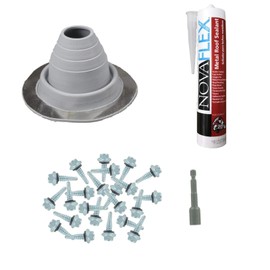 Fasteners Plus #2 Round EPDM Metal Roof Pipe Flashing Boot Kit - Fits 1-3/4" - 3" Pipe OD - Includes Flashing, NovaFlex Sealant & Roofing Stitch Screws - Gray (Made in USA)