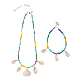 Jean Beau Boho Beaded Cowrie Shell Necklace Anklet Set for Women Statement Puka Seashell Yellow Purple Green Beads Surfer Beach Summer Choker Bracelet Ankle Jewelry Gifts