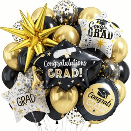 Graduation Decorations Balloons for Class of 2026 Black Gold Confetti Latex Balloons 32pcs Helium Round Congrats Grad Explosion Star Foil Balloon Grad Hat Balloon College High School Grad Party Decor