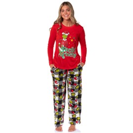 The Grinch Pajama Set Woman's Dr Seuss Grinch Feelin Grinchy Christmas Fleece Pajama Pants 2-Piece Pajama Set (Large)