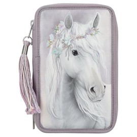 Depesche 13126 Miss Melody Fantasy Horse - Filled 3-Compartment Pencil Case in Pale Purple, with Horse Motif and Glitter, Pencil Case with Colouring Pencils, Ruler, Scissors etc.