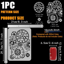 FINGERINSPIRE Gear Clock Stencils with a Paint Brush 11.7x8.3Inch Steampunk Gear Pattern Stencils Creative Clock Stencils Retro Gear Decoration Stencils Vintage Themes Steampunk Clock Template
