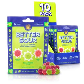 Better Sour Gummies - Guava, Calamansi, Ume - Naturally Flavored, Plant-Based, Low Sugar, Healthy Sour Gummy Candy – 3g sugar/60 cal per 1.8 oz Bag, Healthy Treats for Kids & Adults (Pack of 10)