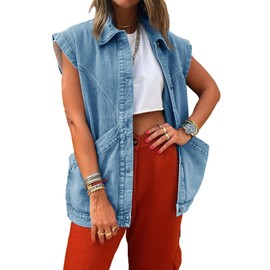 PLNOTME Womens Oversized Sleeveless Denim Vest Classic Button Down Jean Vest Casual Utility Lapel Jean Jacket