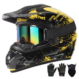 SPARK Dirt Bike Helmets Kids Motorcycle Helmet Youth ATV Motocross Full Face Men Women Off-Road Mountain Bike Helmet Adult with(Gloves Goggles Mask) DOT Approved 4Pcs Set (Yellow, Small)