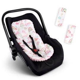 Pea Pod Infant Car Seat Insert with Strap Covers, All in One Reversible Baby Car Seat Head Support for Newborn, 3D Soft Minky Carseat Cushion for Preemie to Infant, Stroller, Swing, Bouncer, Unicorn