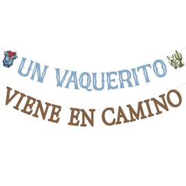 Un Vaquerito Viene en Camino Baby Shower Banner - Spanish Cowboy Themed Baby Shower Decoration with Cactus & Denim Bodysuit for Western Cowboy Baby Shower Party Gender Reveal Supplies