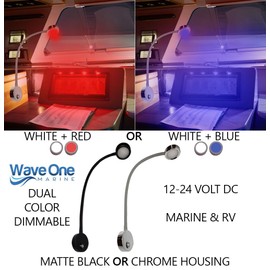 Wave One Marine Dual Color Gooseneck LED Chart Reading Light | Flexible Dimmable Sailboat Cabin Wall Map Boat Yacht RV Interior Night Lighting 12-24V Volt (Chrome | White & Red)