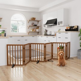 Semiocthome Walnut Dog Gates for Doorways, 6-Panel Freestanding Dog Gate Indoor for The House Stairs, 24" H Foldable Wooden Pet Gates with 4PCS Metal Stands, Expands Up to 110" (W)