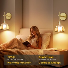 LITTAR Battery Operated Wall Sconce with Green Tulip-Shaped Lampshades, Wireless Rechargeable Sconces Wall Decor Set of 2 with Remote Control, 12 RGB Colors & 3 CCT Settings (Gold)