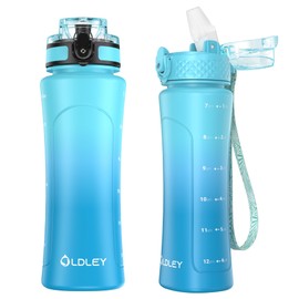 OLDLEY Kids Water Bottle for School with Straw Chug Lid, 15 oz Unbreakable Leak-Proof BPA-Free Motivational Water Bottles with Time Marker for Travel Sports Gym, Green Blue