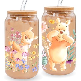 wjrsxilt Pooh Bear Frosted Cups, Honey Bear Cup Gift for Women, Gifts for Women, Winnie Glass Cups with Lid, Glass Tumbler & Water Honey Gift For Best Friend 16oz