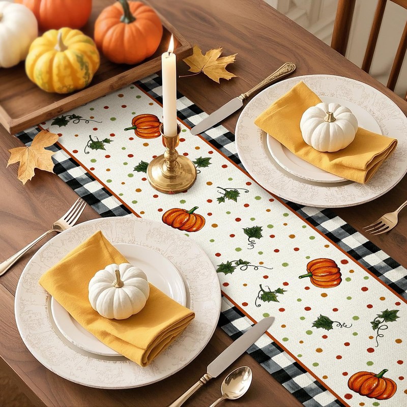 Artscope Pumpkin Bow Buffalo Plaid Fall Table Runner,Thanksgiving Holiday Kitchen
