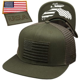 Antourage American Flag Unisex Baseball Hat for Men and Women | USA Flag Mesh Snapback Flat Visor Cap + 2 Patriotic Patches ((86) Olive Flat Visor Mesh Snapback)