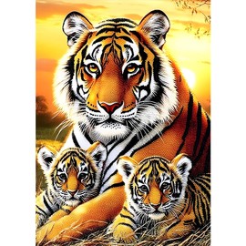 MXJSUA DIY Diamond Painting Kits for Adults, Tiger Family Diamond Gem Art Painting for Beginners, Diamond Picture with Full Round Drill Dots Craft Set Gift, 12x16 Inch