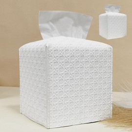 HOMOTEK HOMOTEK 2 Pack Tissue Box Cover,PU Leather Tissue Holder,Square Decorative Facial Tissue Cube Paper Organizer Dispenser for Bathroom, Night Stands, Desk, Car 5X5X5' - Rattan Weave, Pure White