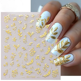 6 Sheets Gold Nail Art Stickers 3D Self -Adhesive Golden Flowers Leaves Nail Decals Holographic Hot Stamping Floral Nail Stickers Summer Blossom Nail Decoration for Women DIY Manicure Supplies