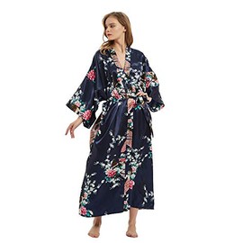 Women's Premium Long Kimono Peacock Robe Bridesmaid Bridal Wedding Party Dressing Gown Pyjamas Nightwear (Peacock Flower-Navy)