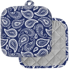 [Pack of 2] Pot Holders for Kitchen, Washable Heat Resistant Pot Holders, Hot Pads, Trivet for Cooking and Baking (Paisley Blue White)