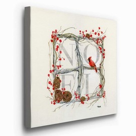 Renditions Gallery Noel Window Wall Art, Christmas & Winter Artwork, Red Holly Berries & Cardinal, Pinecones, Premium Gallery Wrapped Canvas Decor, Ready to Hang, 16 in H x 16 in W, Made in America