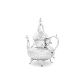 Moroccan Serving TeaPot Handmade Of Brass Silver Plated Hand Carved In Fes Morocco (40 Oz with Legs)