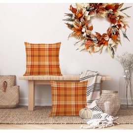 AOFANGGO Fall Pillow Covers 18x18 Set of 2 Autumn Decorative Brown Orange Red Plaids Check Throw Pillow Cases Gingham Cushion Covers,Farmhouse,Thanksgiving,Home Décor Couch,Bedroom