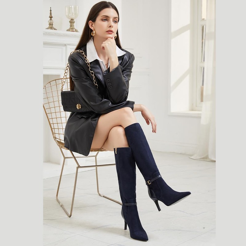 MOTIMODEN Women's Knee High Boots Women Mid Heel Pointed Toe