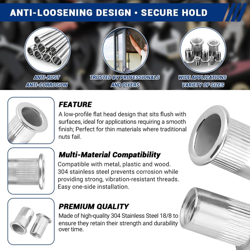 M12-1.75 Flat Head Rivet Nuts, 304 Stainless Steel Knurled Threaded