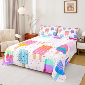 Kids Ice Cream Bed Sheet Set Twin,Cartoon Rainbow Watercolor Dessert Bedding Set 3pcs for Girls Teens Room Decor,Colorful Sugar Sweet Food Fitted Sheet Fantasy Cute Top Flat Sheet,1 Pillowcase