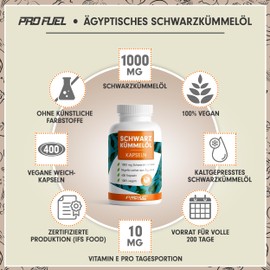Black Cumin Oil Capsules 400 x Vegan, 1000 mg Egyptian Black Cumin Oil Day per Day, Important: Vegan Capsule Shell without Gelatin, Natural Vitamin E, Laboratory Tested & Certified, Supply for 200 Days