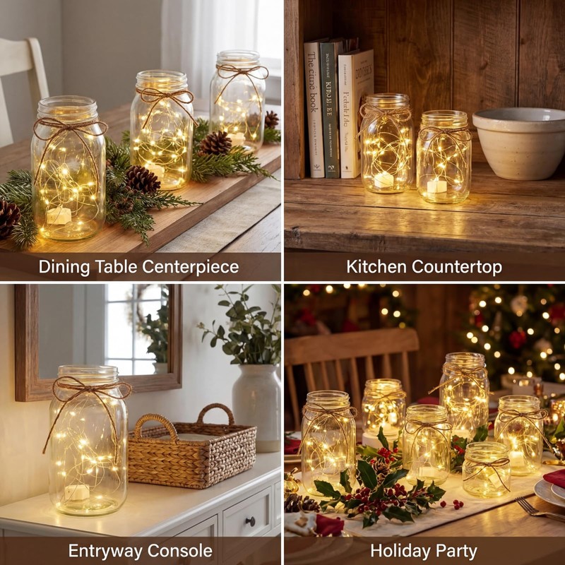 Gandeer 6 Pcs Glass Mason Jar with LED Lights for