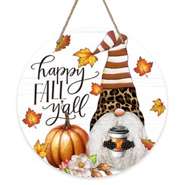 Deroro Happy Fall Y'all Pumpkin Leopard Gnome Front Door Sign, Autumn Maple Leaves Coffee Wood Door Hanger Outdoor Outside Porch Decor, Seasonal Farmhouse Wooden Wreath Indoor Wall Hanging Decoration