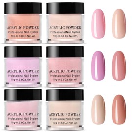 6 Shades of Nude Acrylic Powder Set for False Nail Extension & Carving - Crystal, Pink, Orange Tones - No Lamp Needed Acrylic Nail Kit