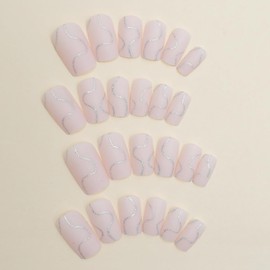 24Pcs Light Pink Press on Nails Medium Square, Glossy Silver Glitter False Nails Gel Glue on Nails - Press on Nail with Striping Line Design Sparkly French Manicure Fake Nails Stick on Nails for Women