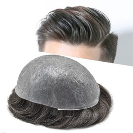 Hair Wonders Mens Toupee Remy Human Hair Piece For Men 0.06mm Ultra Thin Skin Toupee For Men V-Looped Hairpiece For Men Hair Replacement System 8X10#220#2 Darkest Brown+20% Grey 80% Density