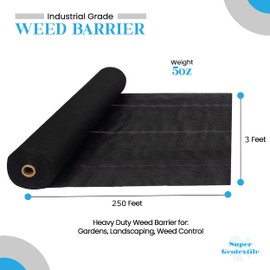 Super Geotextile Professional 5oz Geotextile Weed Barrier Fabric - Heavy Duty Landscape Fabric for Gardening, Landscaping, Weed Fabric, Eco Friendly (3x250)