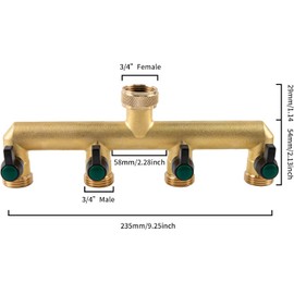 Brass Garden Hose Splitter, 3/4" 4 Way Tap Splitter,Hose Tap Splitter Connection with 4 Individual On/Off Valve and Extended Handle, Hose Pipe Tap Splitter for Garden Outdoor