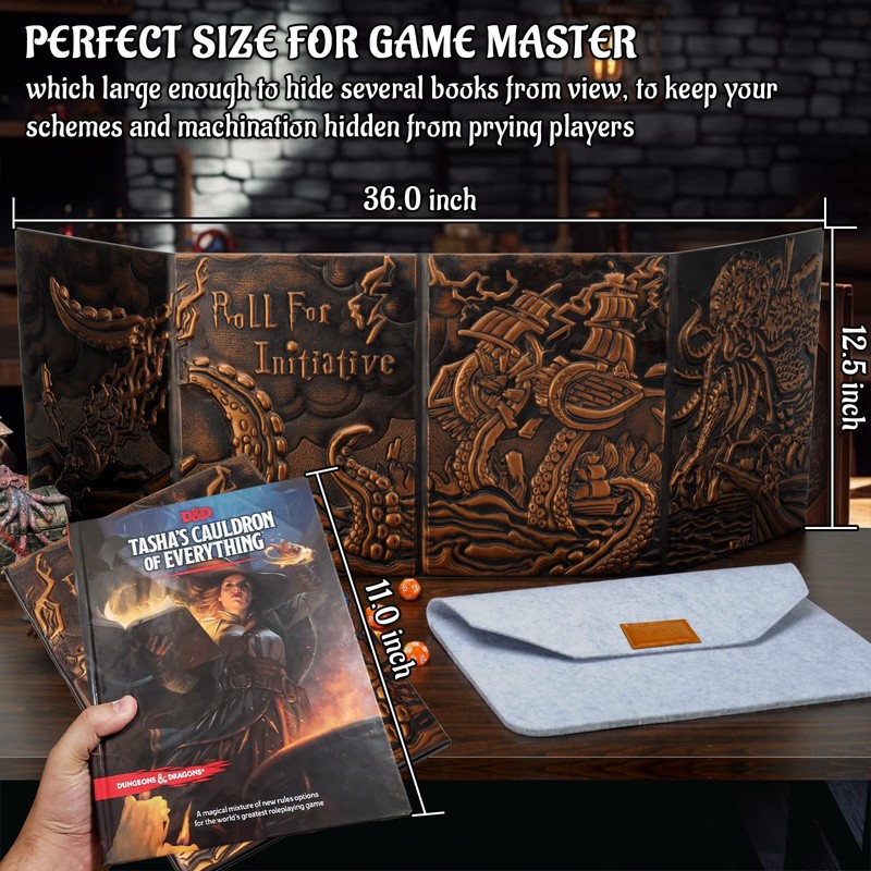 CZYY DND Dungeon Master Screen Four-Panel with Pockets, Faux Leather