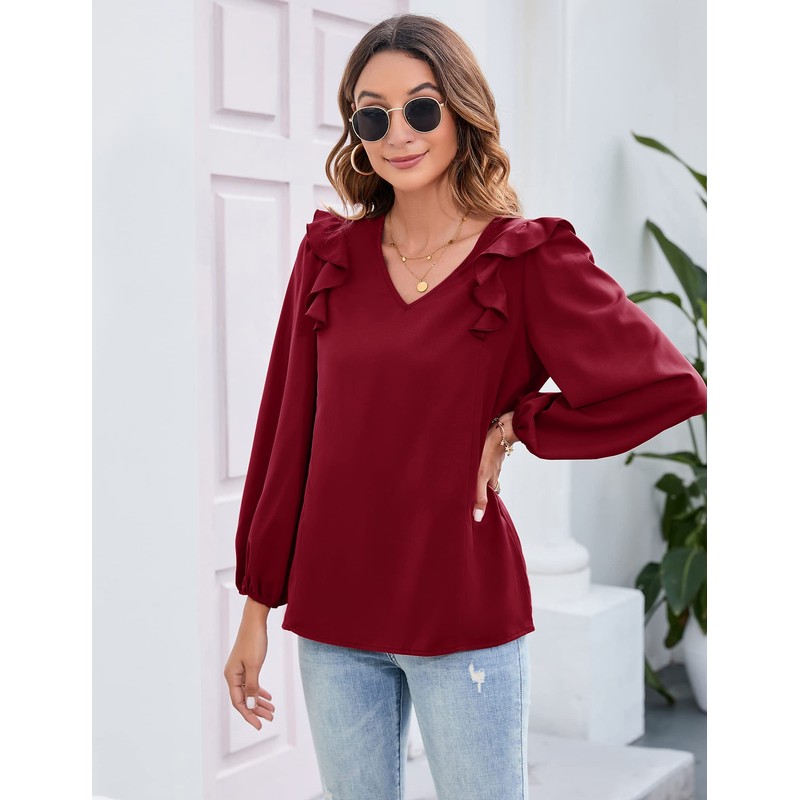 KOJOOIN Women's Long Sleeve Shirts Casual Ruffle Lantern Sleeves V-Neck