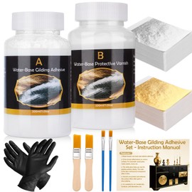 Gilding Adhesive Set- 200 ML Water Based Adhesive Glue and 200 ML Varnish with 100 Silver Leaf and 100 Sheets of Gold Foil Leaf Gilding Kit for DIY Art Painting Furniture Crafts Decoration