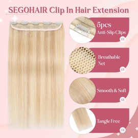 SEGOHAIR Clip In Hair Extensions for women One Piece 5 Clips Real Human Remy Hair Extension Long Straight Hairpieces for women 22 Inches #18P613 Light Blonde mixed Bleach Blonde