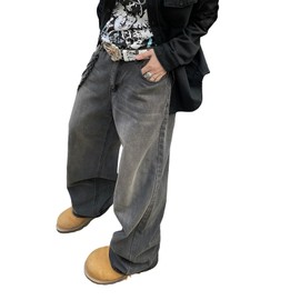 Men's Baggy Jeans Y2K Streetwear Empyre Pants Wide Leg Hip Hop Extra Loose Fit Skater Denim Long Casual Trousers(Black Gray-L)