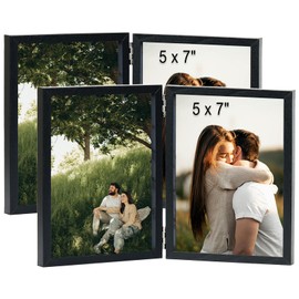 JCJMY 5x7 Double Picture Frame Set of 2 Hinged Folding Vertical Stand on Tabletop, Wood Two Openings 5x7 Double Photo Frame Collage with Shatter Resistant Plexiglass, 2 Pack, Black